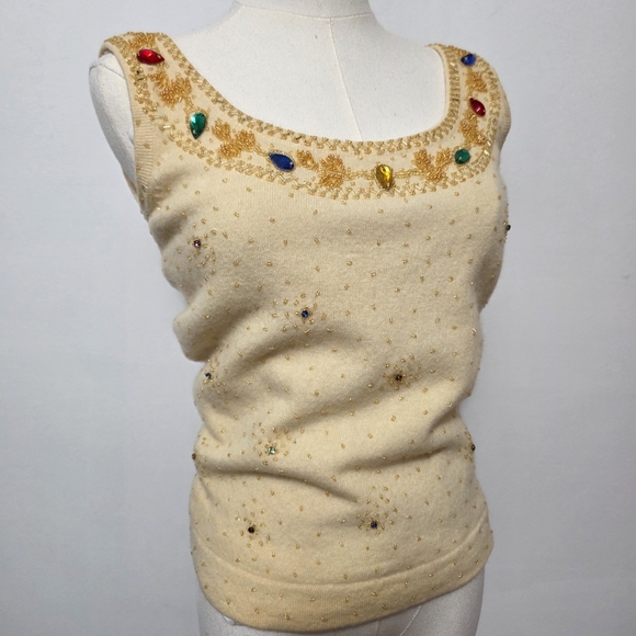 Marchesa Cocktail Sweater Tank Vintage 1960's Mid Century Rhintestone Cream Wool - Picture 9 of 16